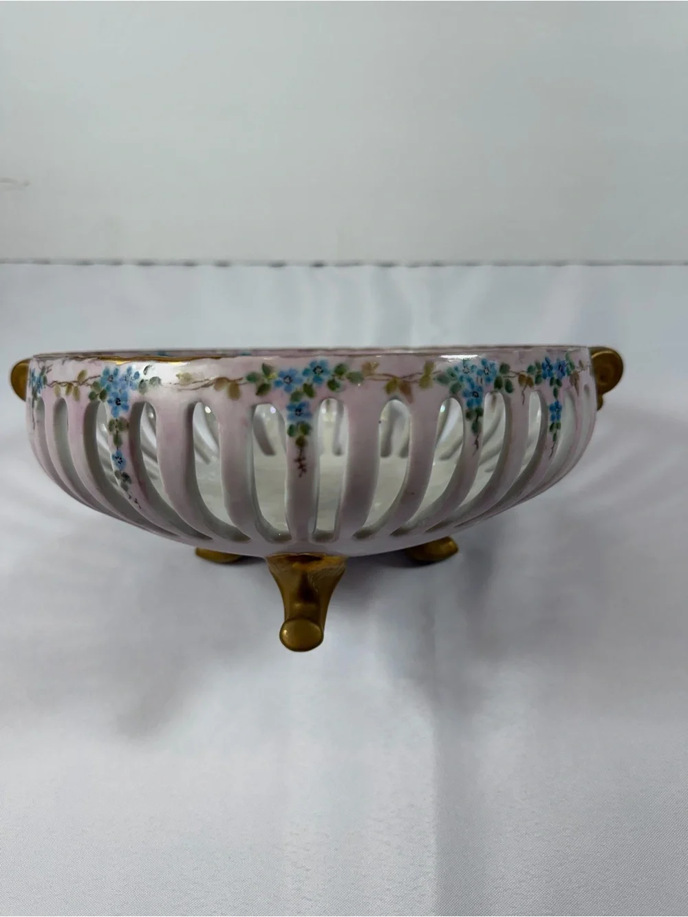 Vintage Reticulated Lattice Footed Fruit Bowl, Dresden-Style, Luster Glaze